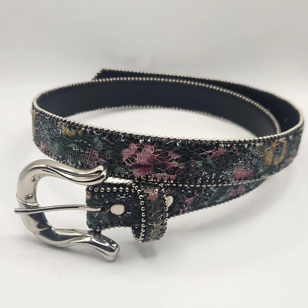 Floral Patterned Beaded, Sparkly Belt  Silver‎ Buckle, Bonded Leather, Y2K, Boho
